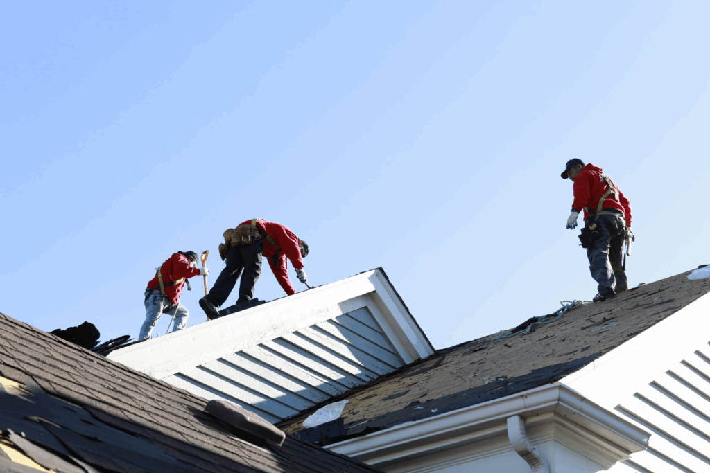 BACC Roofing and Restoration team repairing a house roof