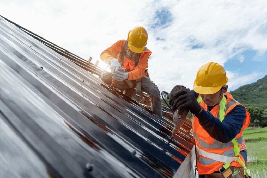Contractor inspecting roof for cost estimate